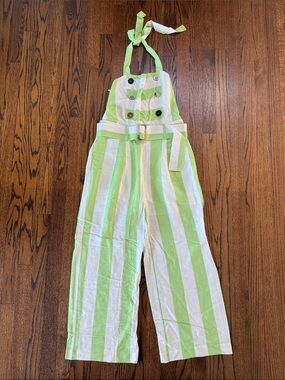 Moon River Green and White Striped Halter Jumpsuit